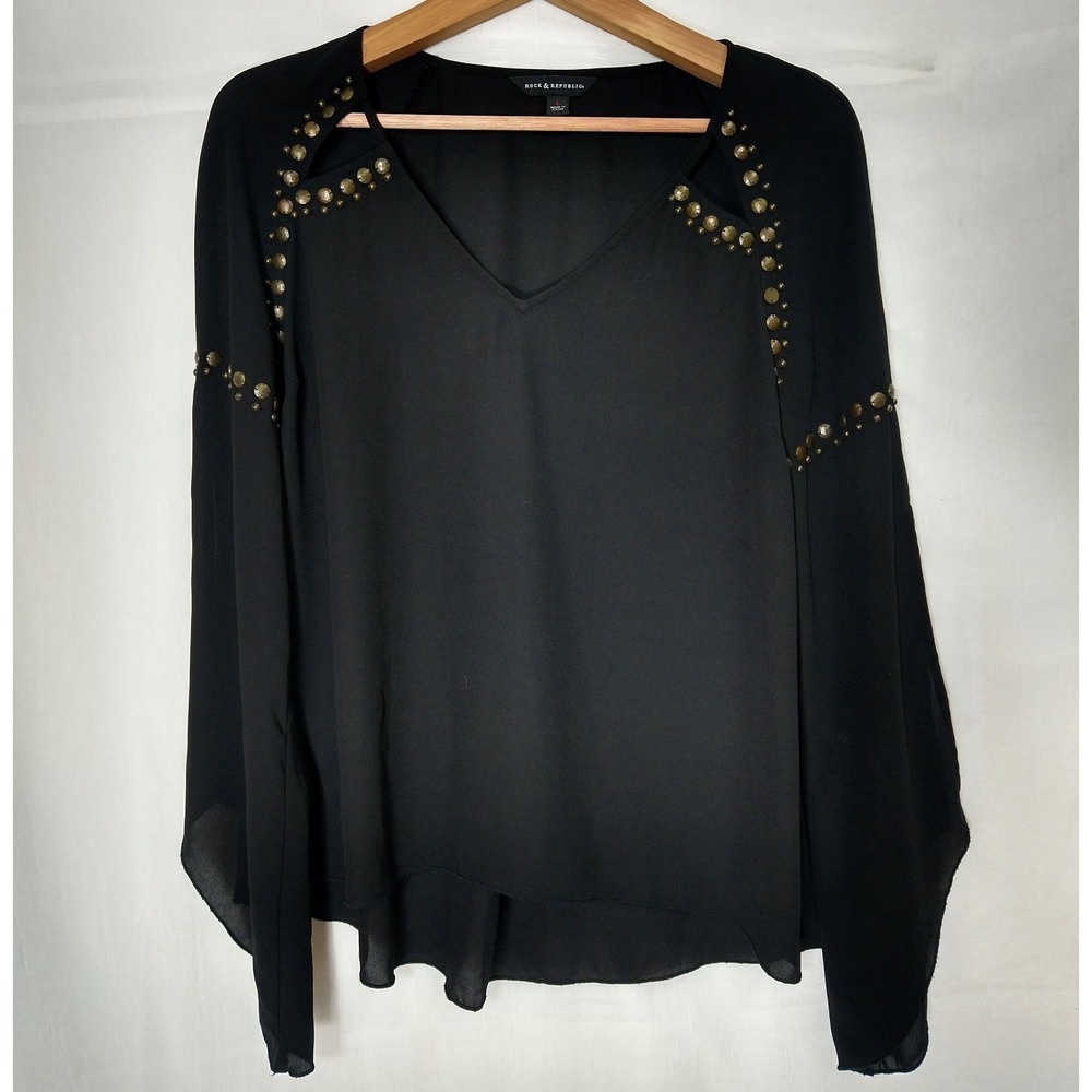 Rock & Republic studded split sleeve black top whimsygoth grunge dark fairy sz L